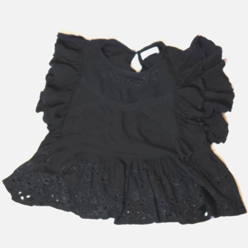 Black Ruffle Eyelet Blouse LILYA Designer Small Boho Whimsigoth Flutter Sleeve